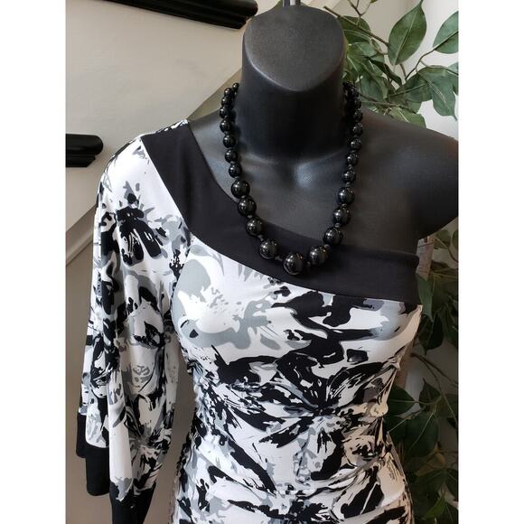 RUBY ROX Asymmetric Dress Womens Medium White Black Floral Ruched One Shoulder - Picture 5 of 11